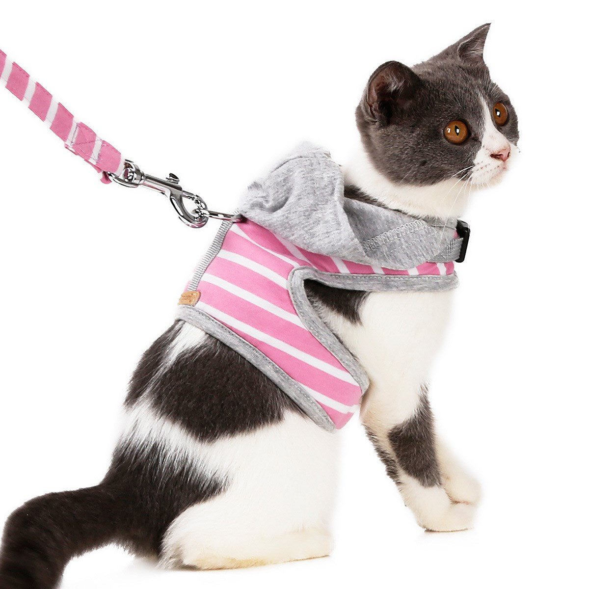 KFX-9557053 Cat Hooded Vest Harness and Leash Set for Outdoor Adventures, Adjustable XS/S, Cotton & Oxford Cloth, Pink & Orange