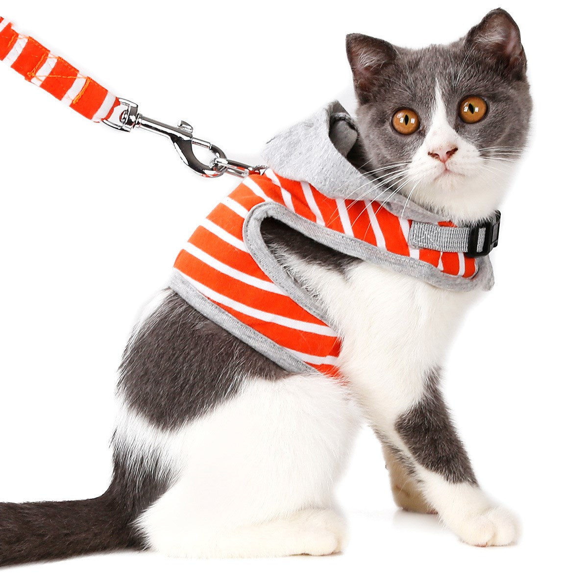 KFX-9557053 Cat Hooded Vest Harness and Leash Set for Outdoor Adventures, Adjustable XS/S, Cotton & Oxford Cloth, Pink & Orange