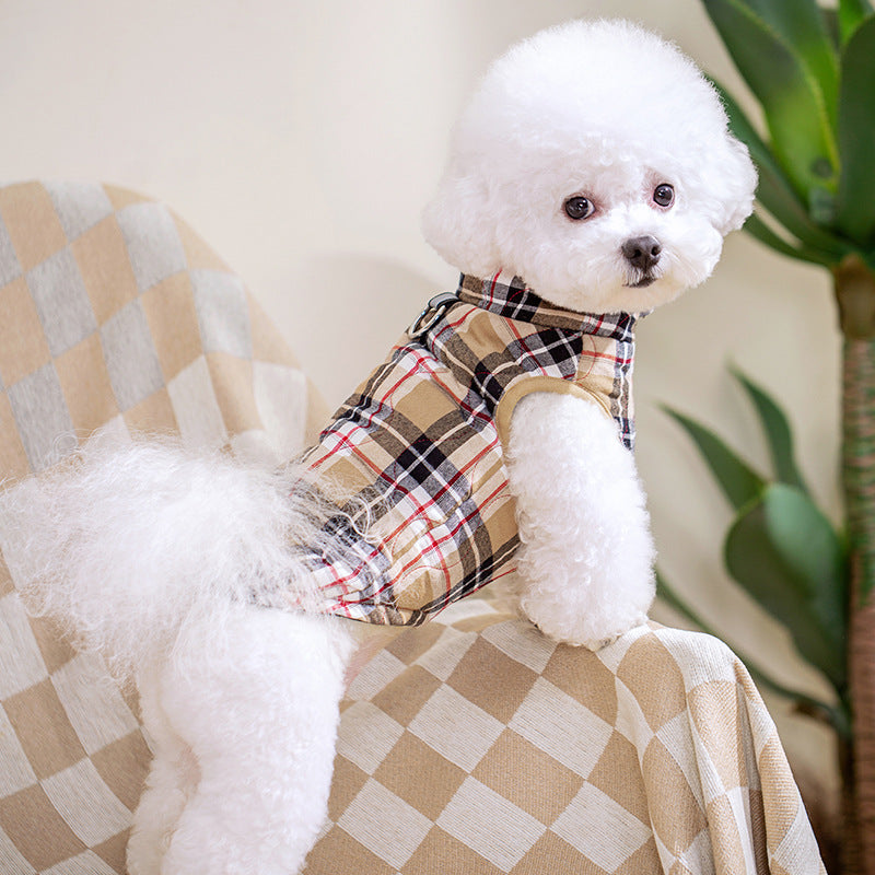 KFX-9557437 Heavy Cotton Plaid Dog Jacket with Reflective Strap for Winter Warmth