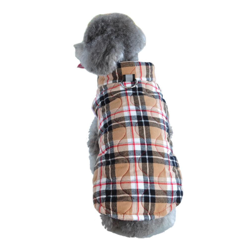 KFX-9557437 Heavy Cotton Plaid Dog Jacket with Reflective Strap for Winter Warmth