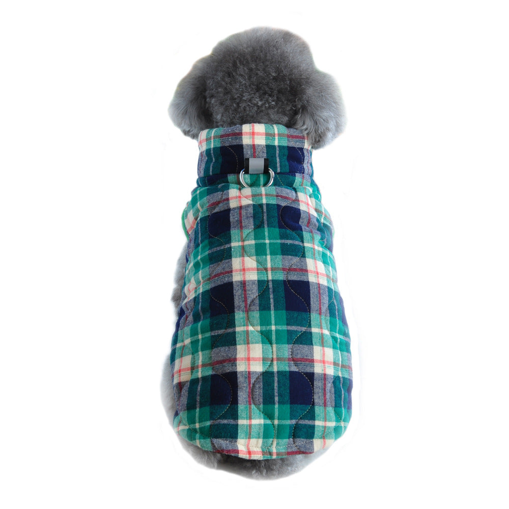 KFX-9557437 Heavy Cotton Plaid Dog Jacket with Reflective Strap for Winter Warmth