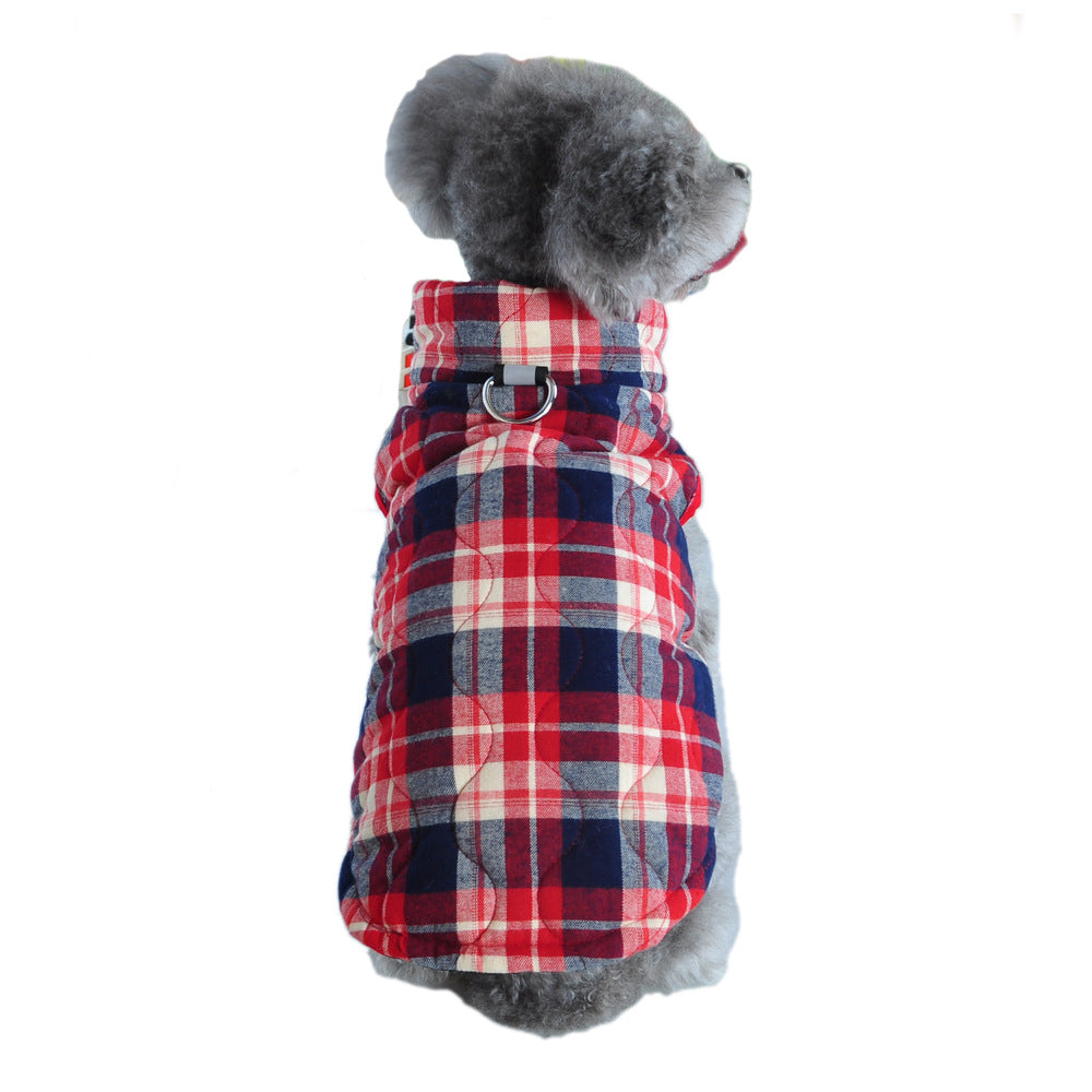 KFX-9557437 Heavy Cotton Plaid Dog Jacket with Reflective Strap for Winter Warmth