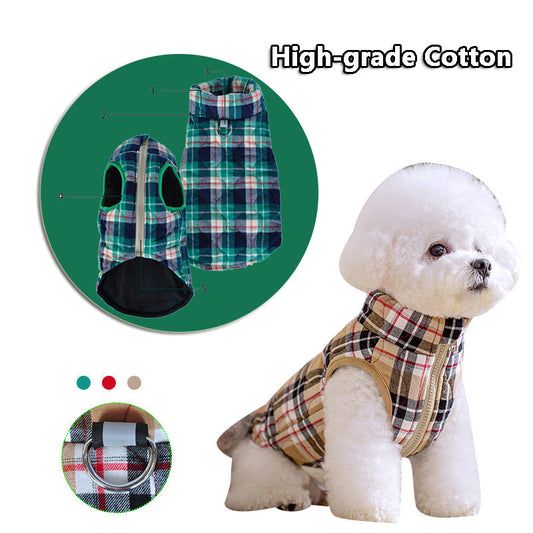 KFX-9557437 Heavy Cotton Plaid Dog Jacket with Reflective Strap for Winter Warmth