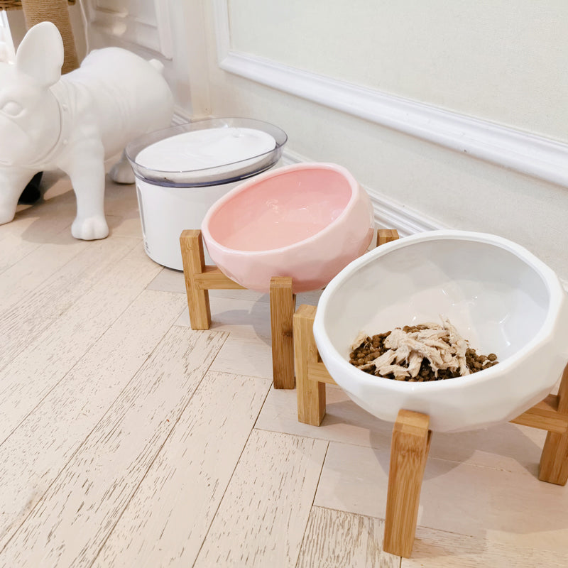 KFX-9557949 Ceramic Cat and Dog Food Bowls with Bamboo Wood Frames for Comfortable Feeding