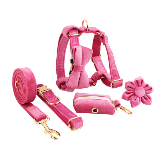 KFX-9559229 Velvet Fabric Dog Collar Set with Leash, Bow, Flower, Vest, and Poop Bag