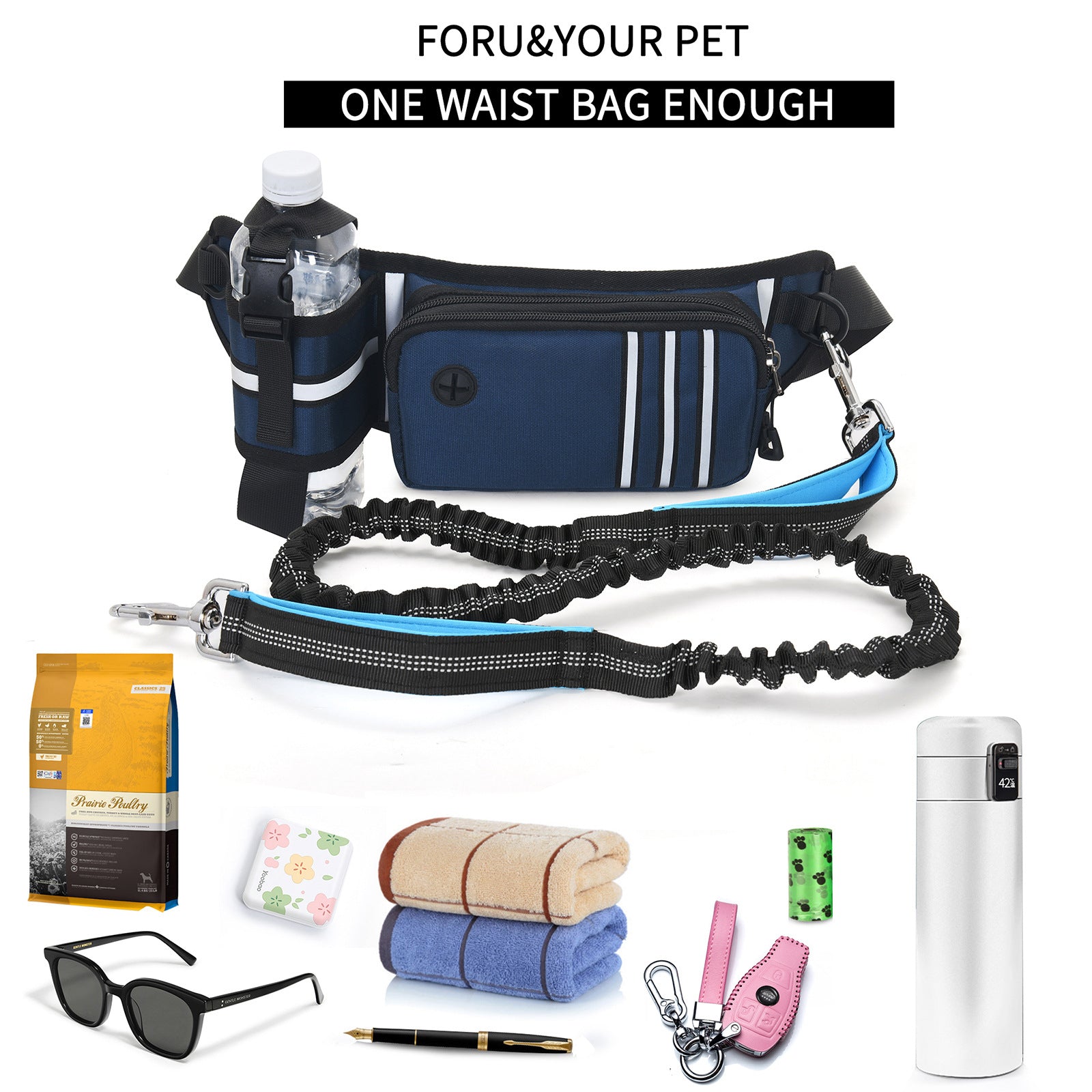 KFX-9559997 Outdoor Sports Waist Bag with Dog Leash and Garbage Bags - Waterproof, Breathable, Wear-Resistant