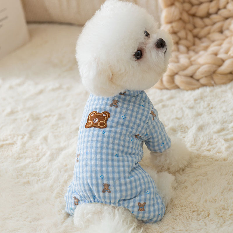 KFX-9562301 Gingham Bear Quilted Dog Jumpsuit - Cozy Cotton Coat for Autumn and Winter