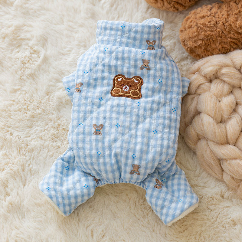 KFX-9562301 Gingham Bear Quilted Dog Jumpsuit - Cozy Cotton Coat for Autumn and Winter