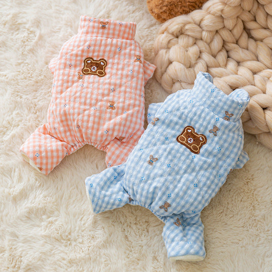 KFX-9562301 Gingham Bear Quilted Dog Jumpsuit - Cozy Cotton Coat for Autumn and Winter