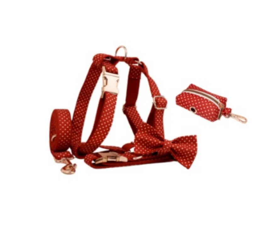 KFX-9563325 Adjustable Red Dot Dog Collar and Leash Set, Handmade, Multiple Sizes Available