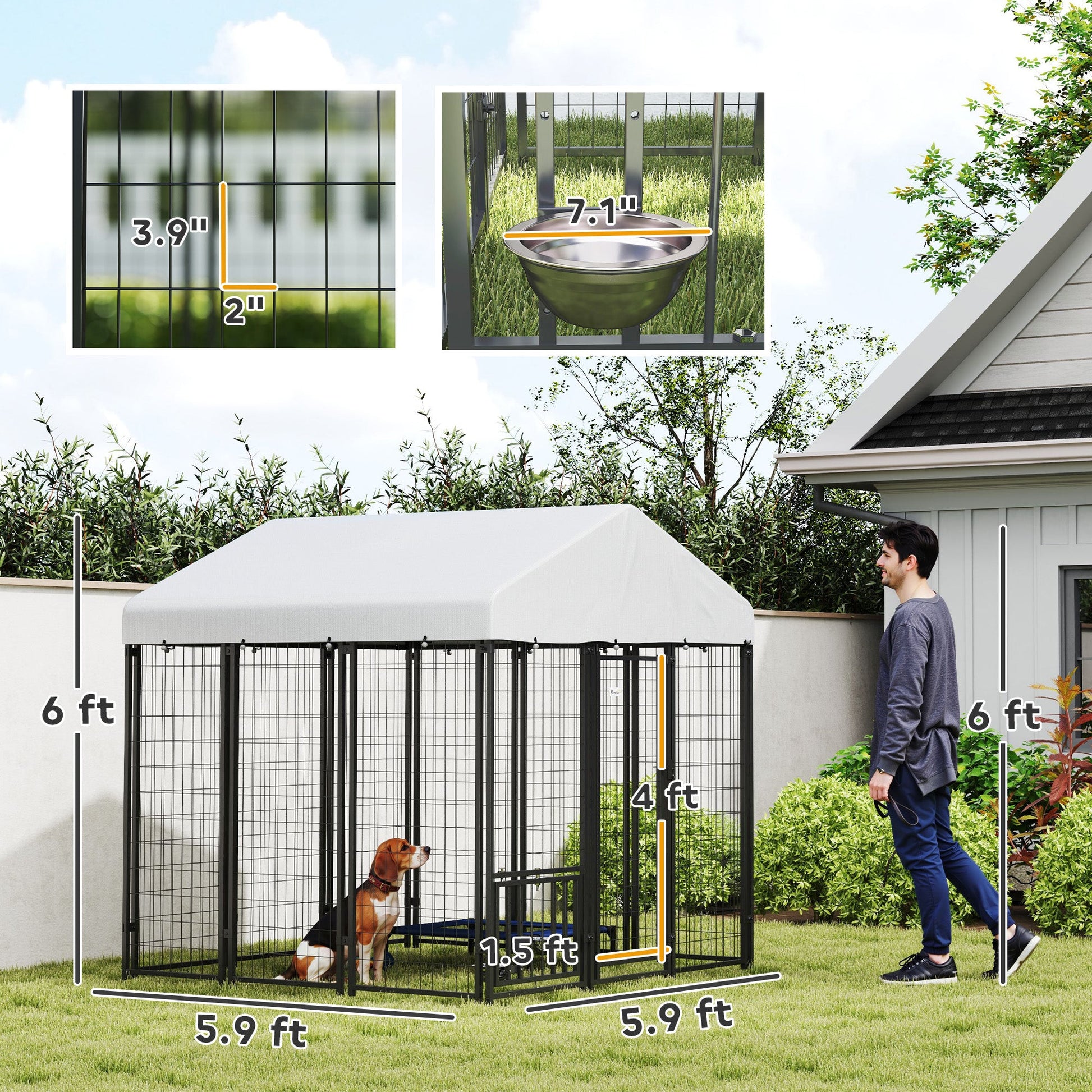KFX-9567165 Outdoor Dog Kennel with Roof, Adjustable Bowls & Lockable Design for Large Dogs