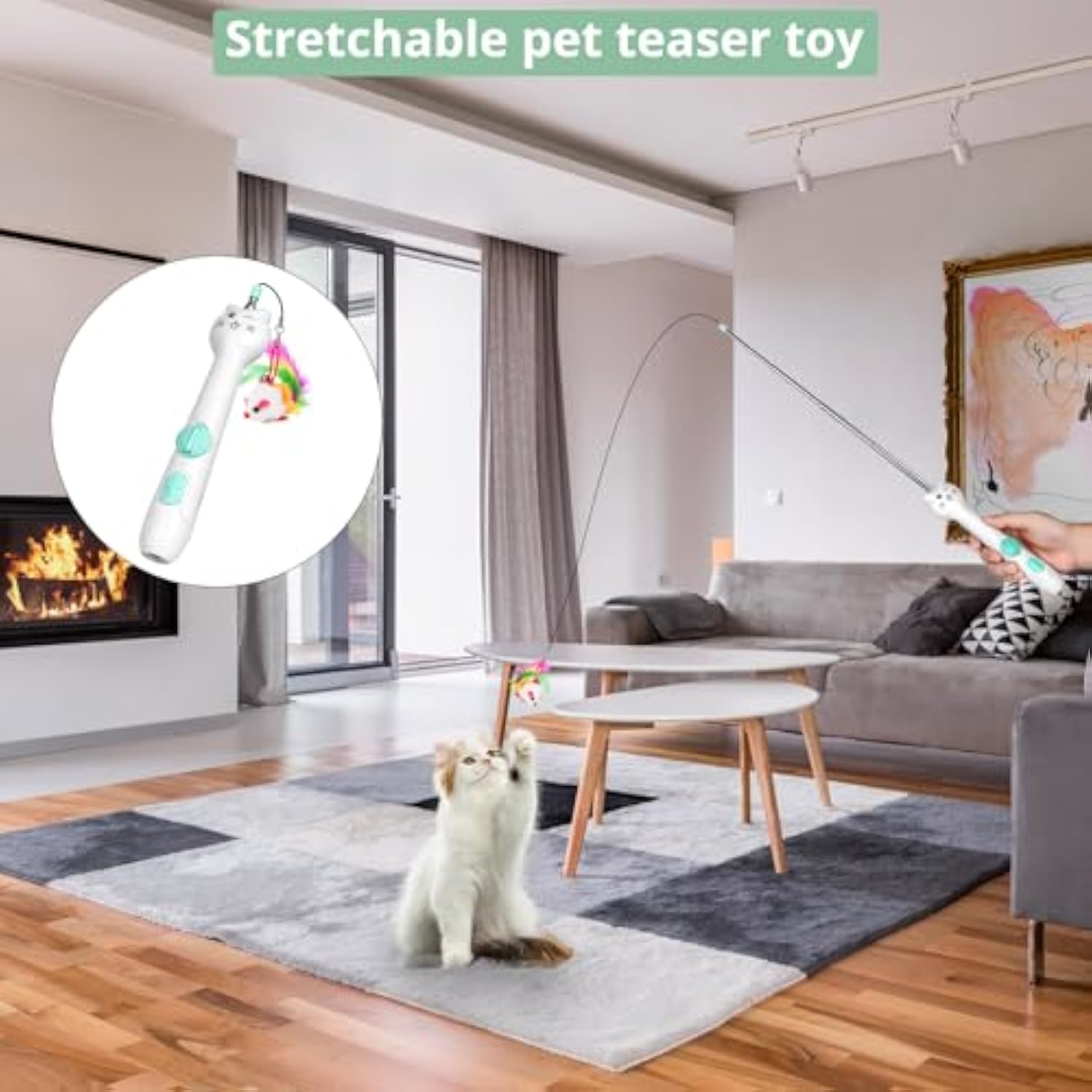 KFX-9570749 Interactive Rechargeable Laser Pointer Cat Wand with Feather Toy - 2-in-1 Indoor Play for Cats and Kittens