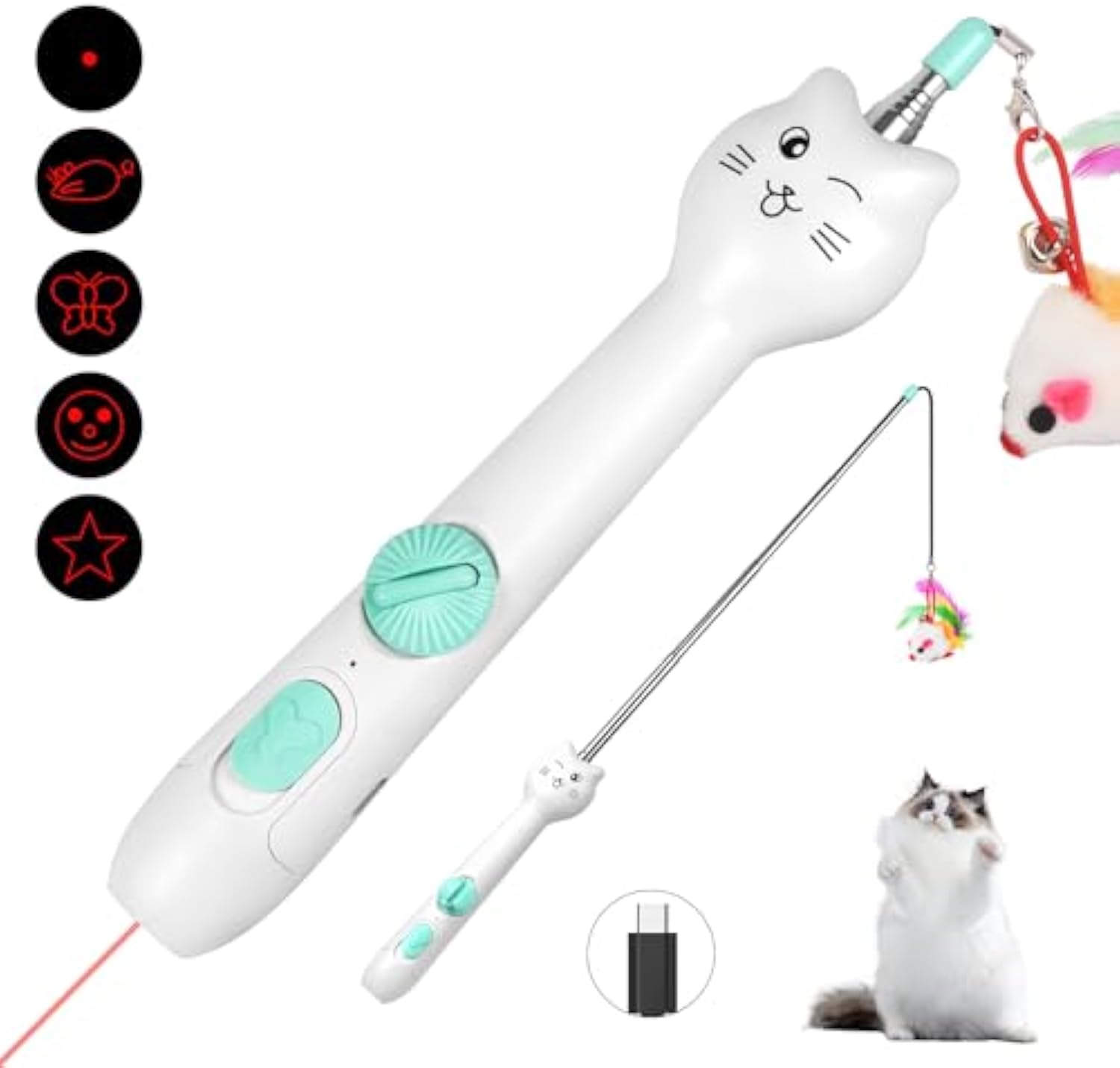 KFX-9570749 Interactive Rechargeable Laser Pointer Cat Wand with Feather Toy - 2-in-1 Indoor Play for Cats and Kittens