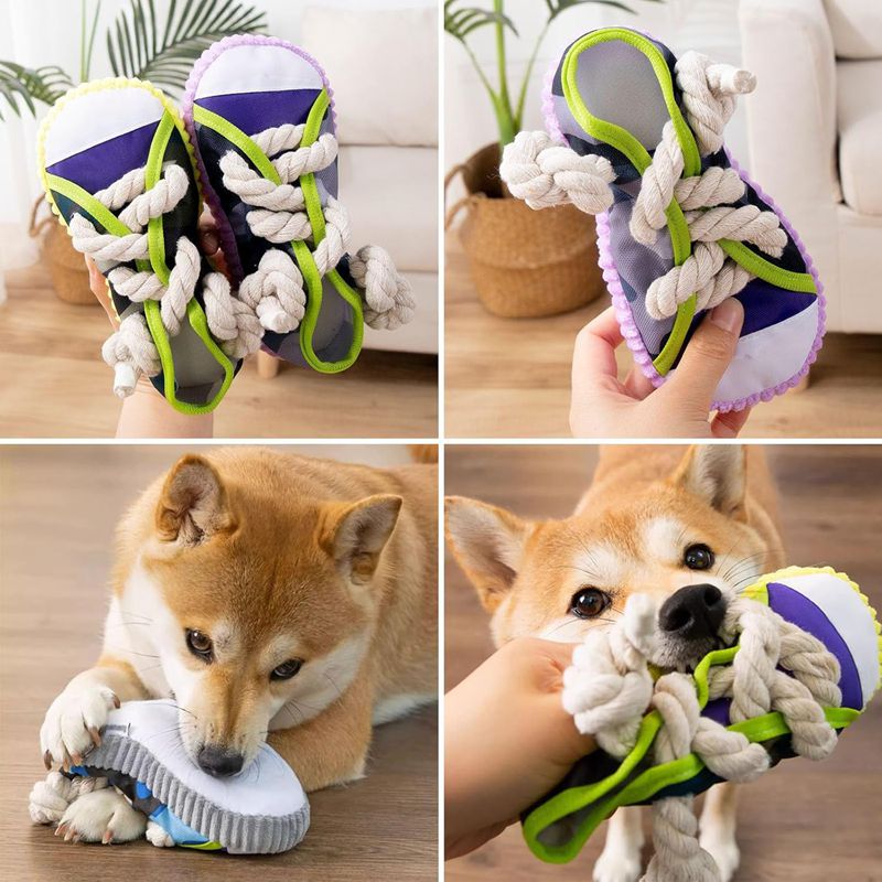 KFX-9570877 Dog Toy Cotton Rope Shoe Slippers with Squeaker and Bell for Teething and Interactive Play