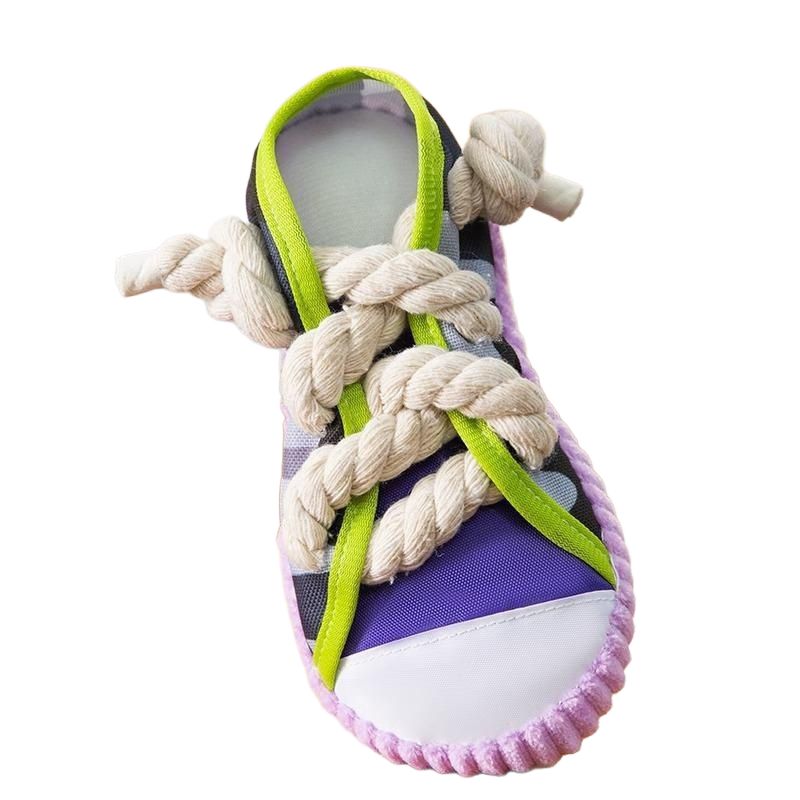 KFX-9570877 Dog Toy Cotton Rope Shoe Slippers with Squeaker and Bell for Teething and Interactive Play
