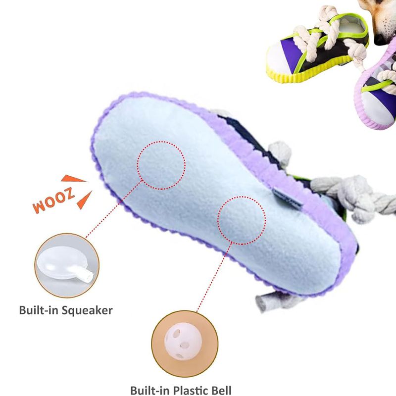 KFX-9570877 Dog Toy Cotton Rope Shoe Slippers with Squeaker and Bell for Teething and Interactive Play