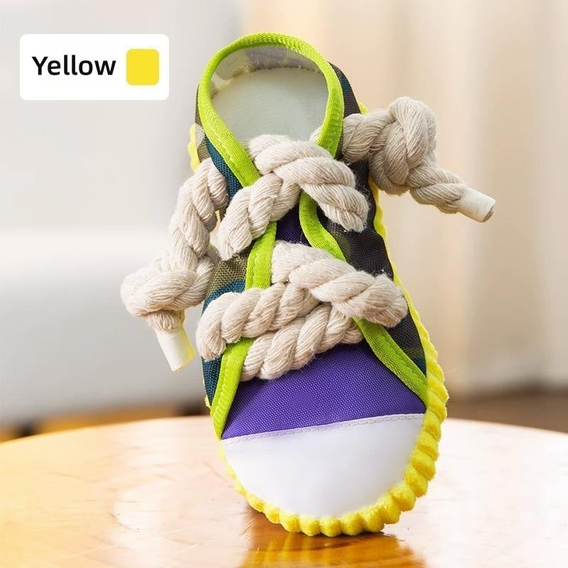 KFX-9570877 Dog Toy Cotton Rope Shoe Slippers with Squeaker and Bell for Teething and Interactive Play