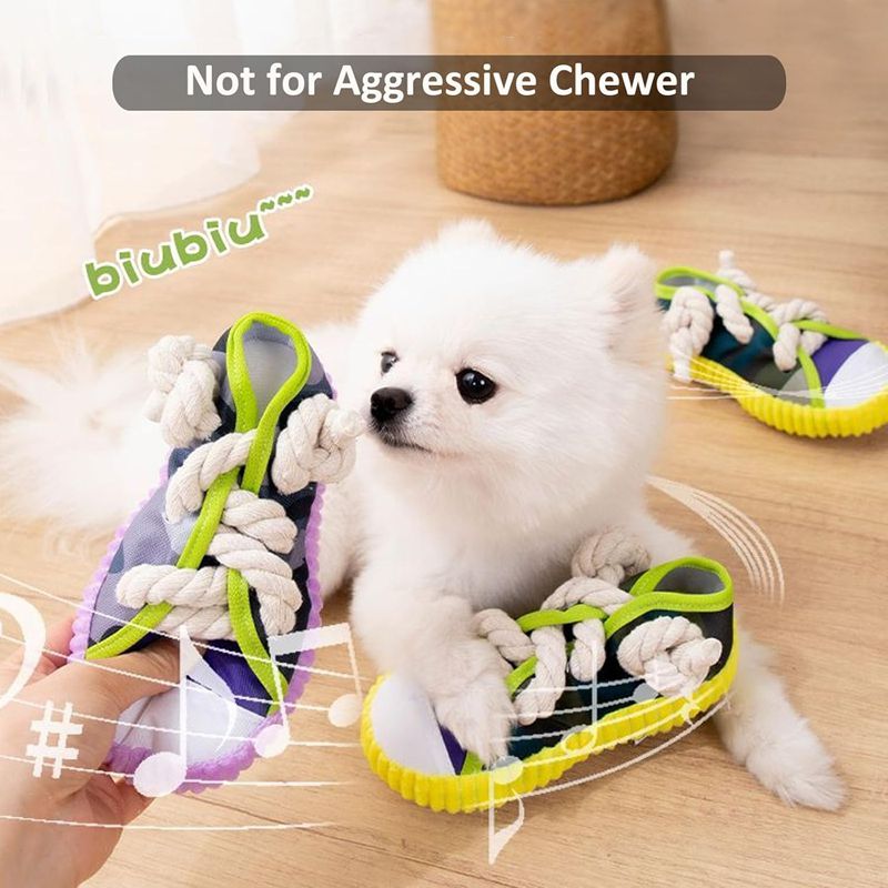 KFX-9570877 Dog Toy Cotton Rope Shoe Slippers with Squeaker and Bell for Teething and Interactive Play