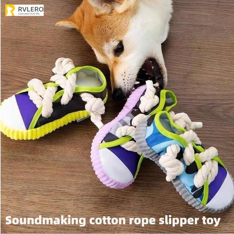 KFX-9570877 Dog Toy Cotton Rope Shoe Slippers with Squeaker and Bell for Teething and Interactive Play
