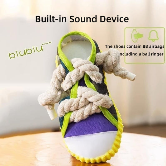 KFX-9570877 Dog Toy Cotton Rope Shoe Slippers with Squeaker and Bell for Teething and Interactive Play
