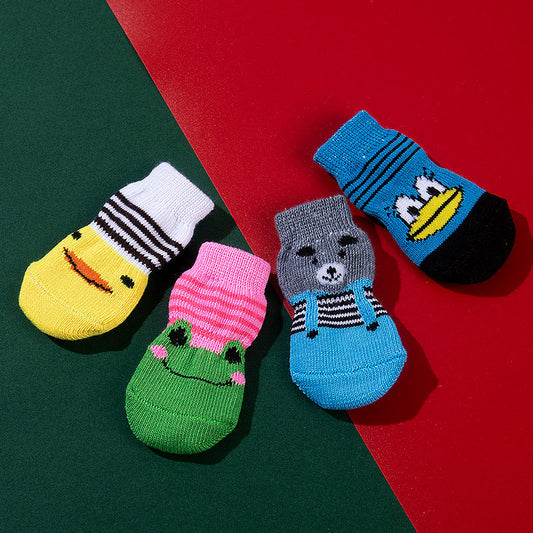 KFX-9575869 Non-Slip Cartoon Pet Socks - 4-Pack with Embroidered Designs: Bear, Frog, Duck, Panda
