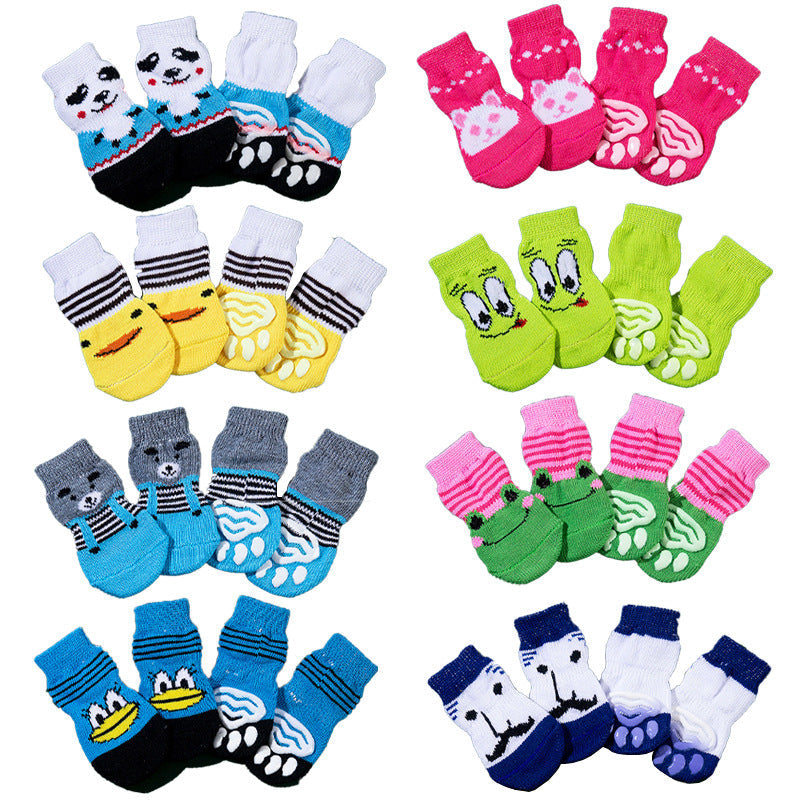 KFX-9575869 Non-Slip Cartoon Pet Socks - 4-Pack with Embroidered Designs: Bear, Frog, Duck, Panda
