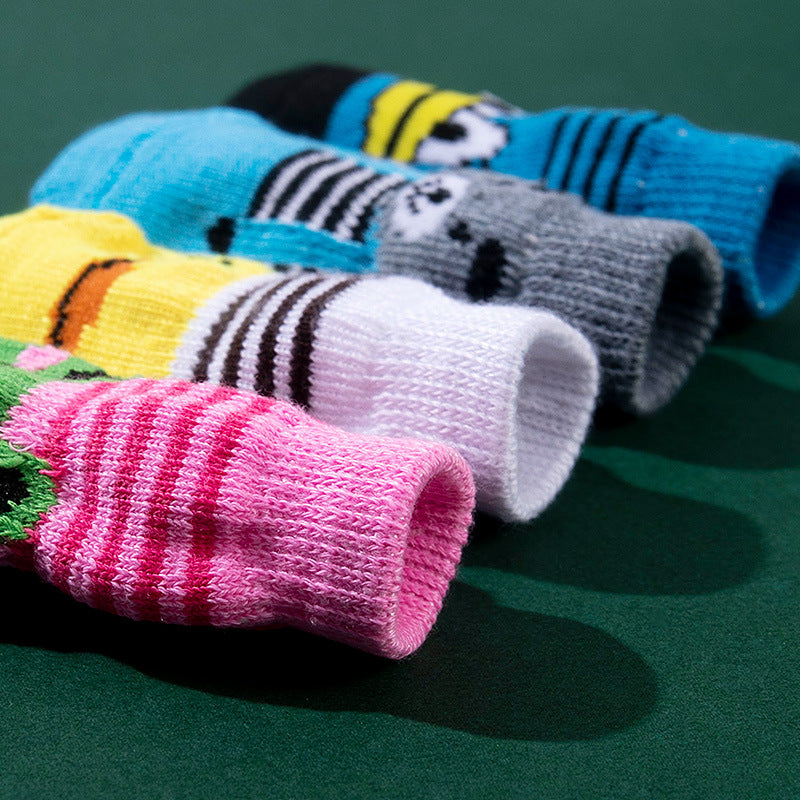 KFX-9575869 Non-Slip Cartoon Pet Socks - 4-Pack with Embroidered Designs: Bear, Frog, Duck, Panda