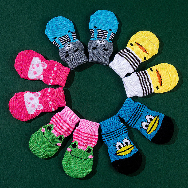 KFX-9575869 Non-Slip Cartoon Pet Socks - 4-Pack with Embroidered Designs: Bear, Frog, Duck, Panda