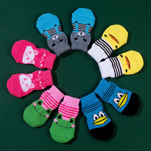 KFX-9575869 Non-Slip Cartoon Pet Socks - 4-Pack with Embroidered Designs: Bear, Frog, Duck, Panda