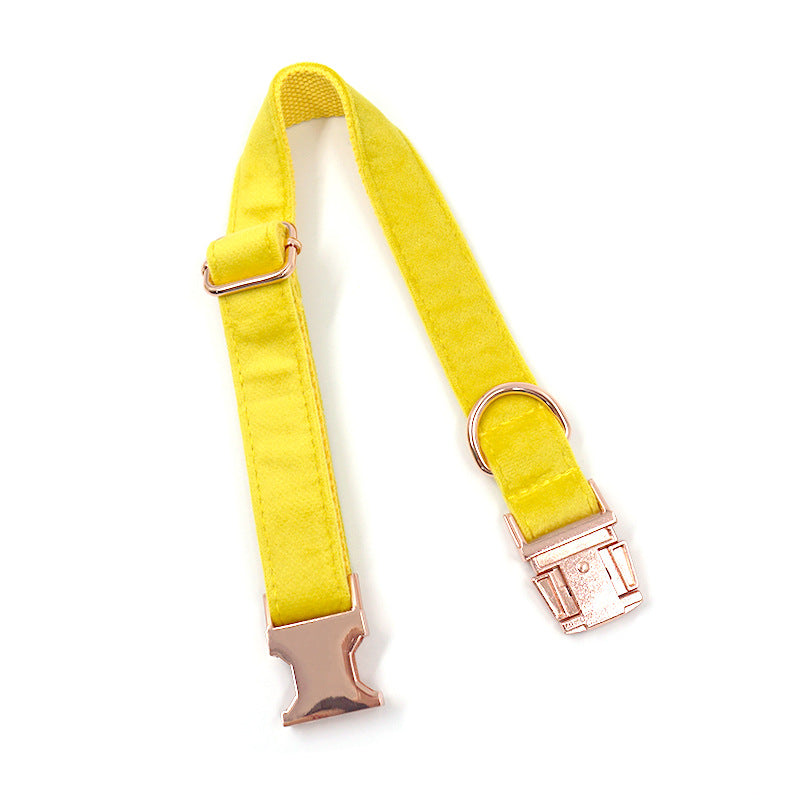 KFX-9577021 Yellow Velvet Dog Collar with Engraved Rose Gold Buckle and Bow Tie