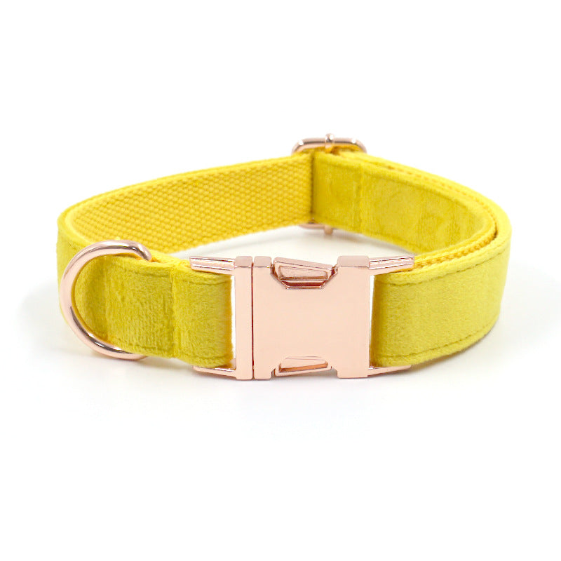 KFX-9577021 Yellow Velvet Dog Collar with Engraved Rose Gold Buckle and Bow Tie