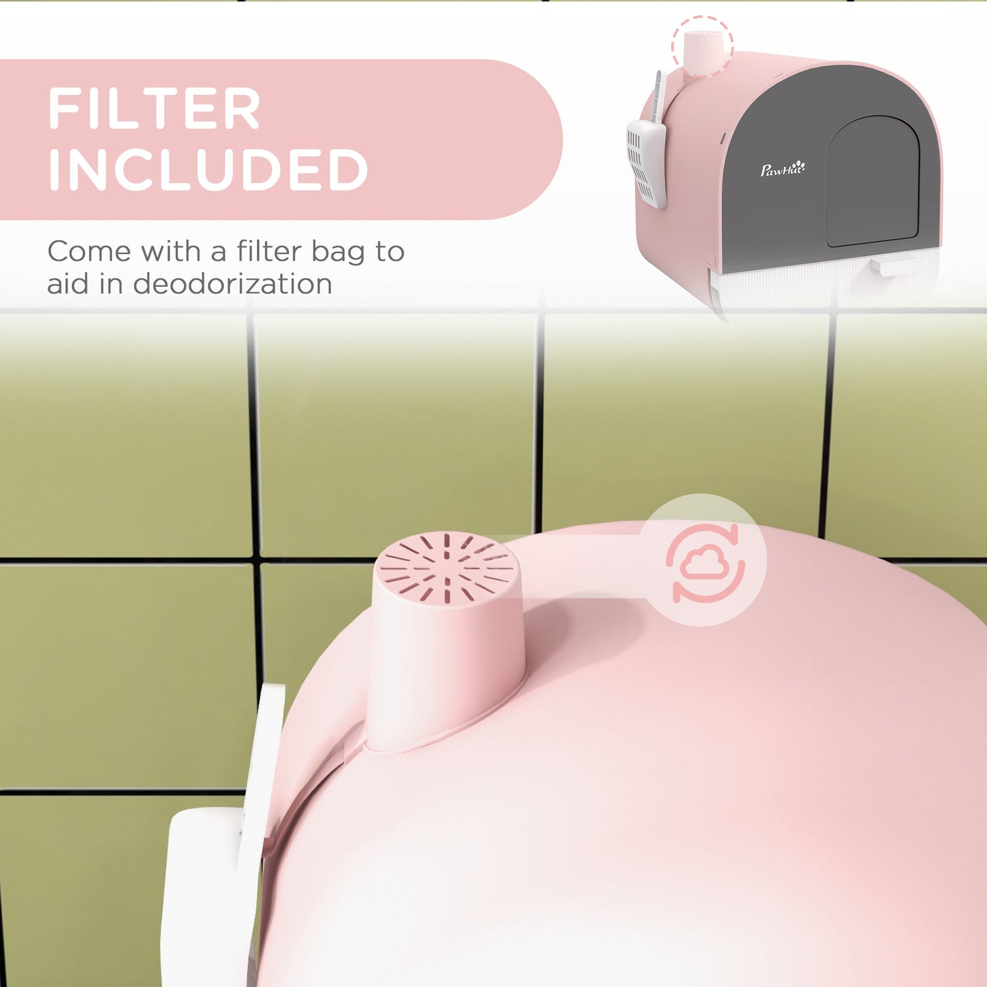 KFX-9580477 Pink Hooded Cat Litter Box with Scoop, Air Filter, and Removable Tray