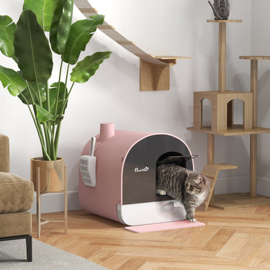 KFX-9580477 Pink Hooded Cat Litter Box with Scoop, Air Filter, and Removable Tray