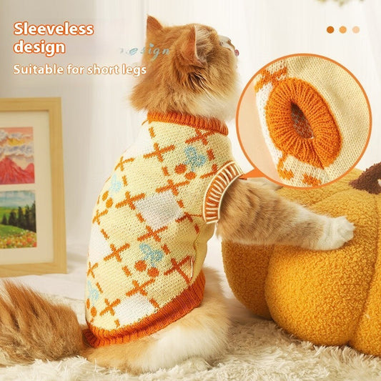 KFX-9582781 Cozy Orange Cherry Cat Sweater for Autumn-Winter, Windproof and Warm