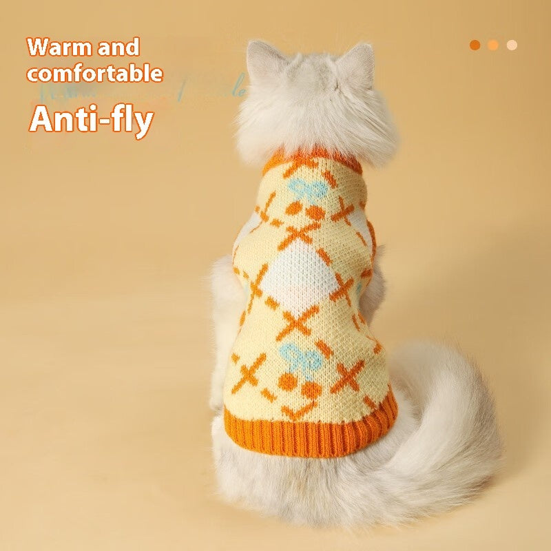 KFX-9582781 Cozy Orange Cherry Cat Sweater for Autumn-Winter, Windproof and Warm