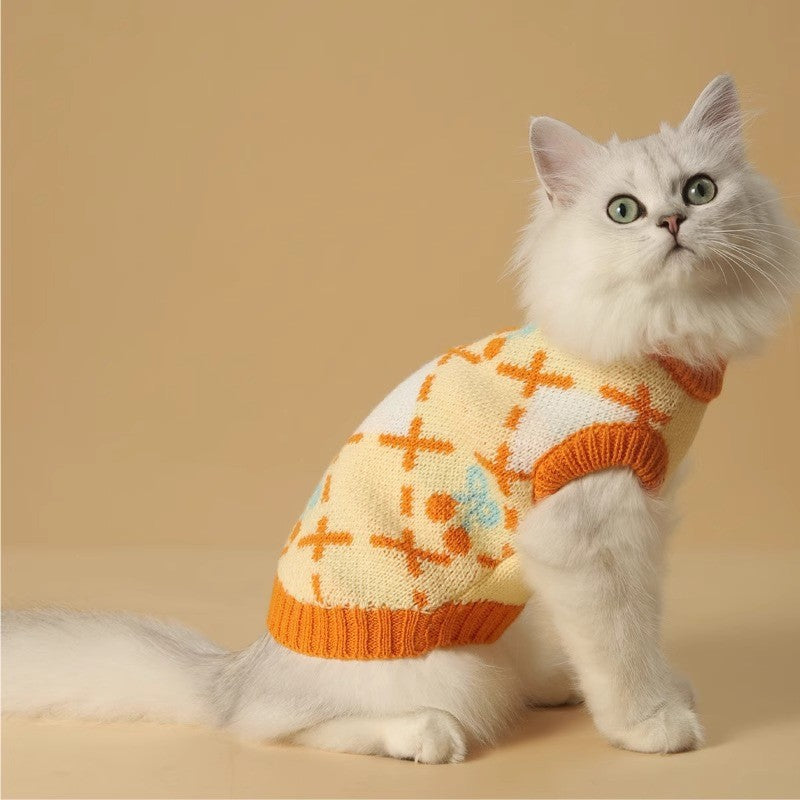 KFX-9582781 Cozy Orange Cherry Cat Sweater for Autumn-Winter, Windproof and Warm