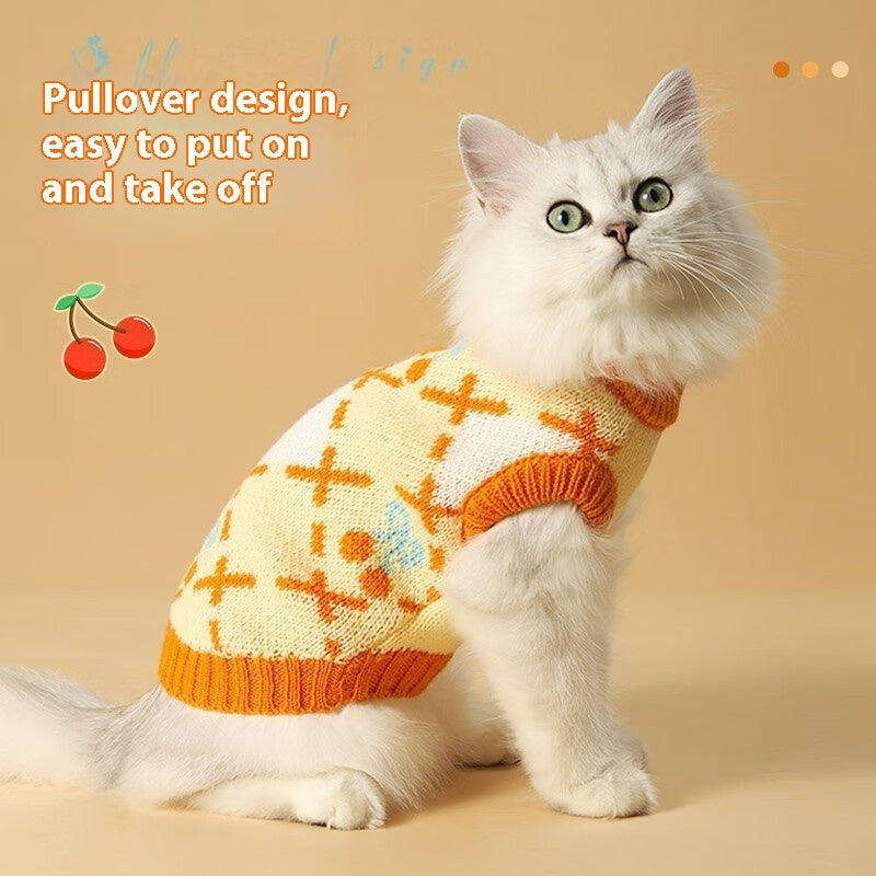 KFX-9582781 Cozy Orange Cherry Cat Sweater for Autumn-Winter, Windproof and Warm