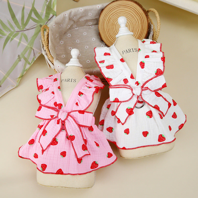 KFX-9585341 Floral Cotton Dog Dress for Spring and Summer in Pink and White