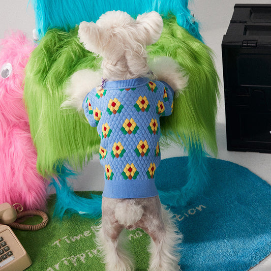 KFX-9588541 Small Flower Dog Sweater Cardigan in Blue and Green, Wool Material, XS-XXL Sizes Available