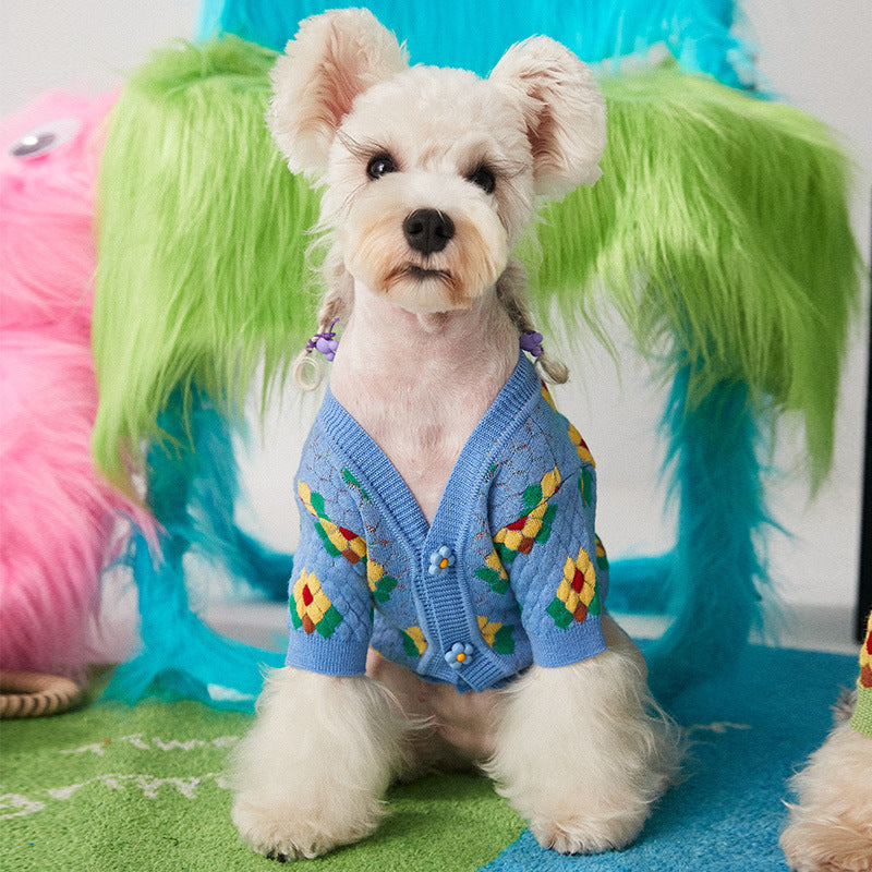 KFX-9588541 Small Flower Dog Sweater Cardigan in Blue and Green, Wool Material, XS-XXL Sizes Available