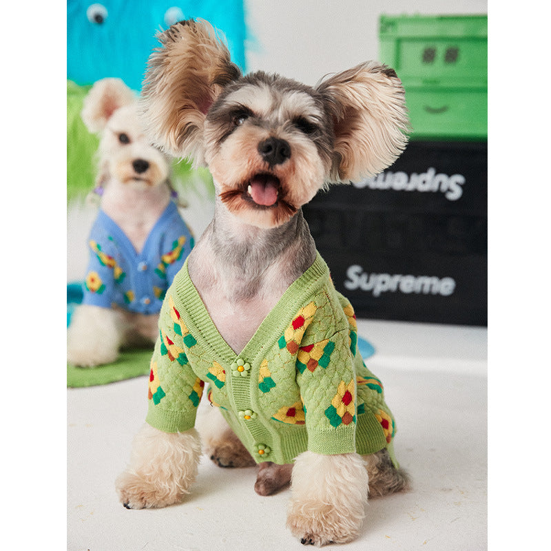 KFX-9588541 Small Flower Dog Sweater Cardigan in Blue and Green, Wool Material, XS-XXL Sizes Available