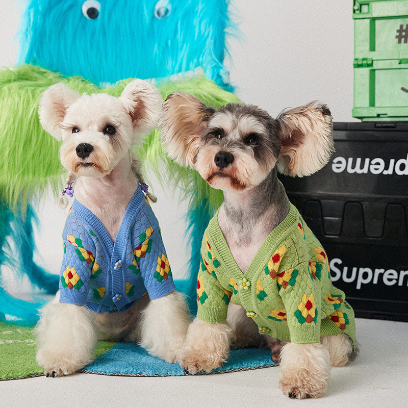 KFX-9588541 Small Flower Dog Sweater Cardigan in Blue and Green, Wool Material, XS-XXL Sizes Available