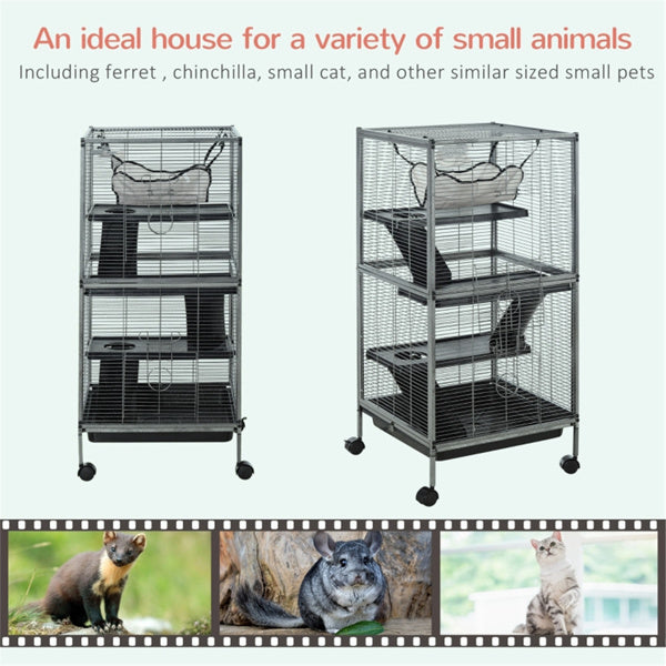 KFX-9594173 Multi-Level Small Pet Habitat with Wheels, Ramp, Hammock, Easy Clean Tray and Steel Construction