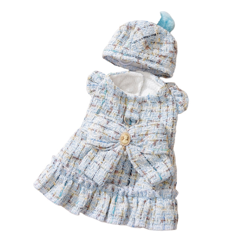 KFX-9595069 Cozy Wool Lined Dog Dress with Plush Bow and Knitted Cap for Autumn and Winter