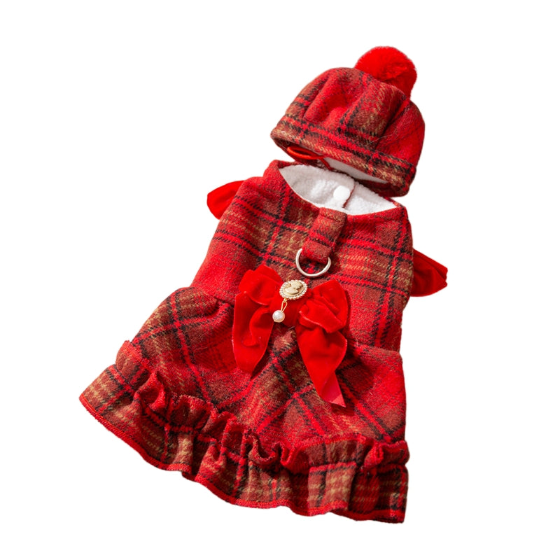 KFX-9595069 Cozy Wool Lined Dog Dress with Plush Bow and Knitted Cap for Autumn and Winter