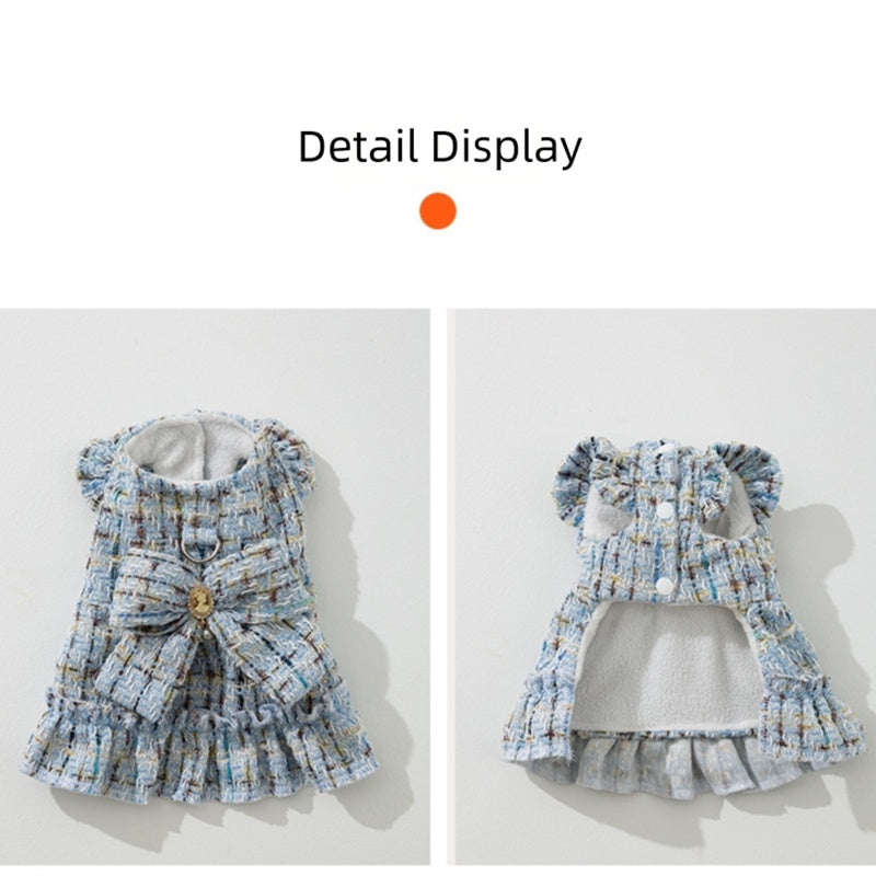 KFX-9595069 Cozy Wool Lined Dog Dress with Plush Bow and Knitted Cap for Autumn and Winter