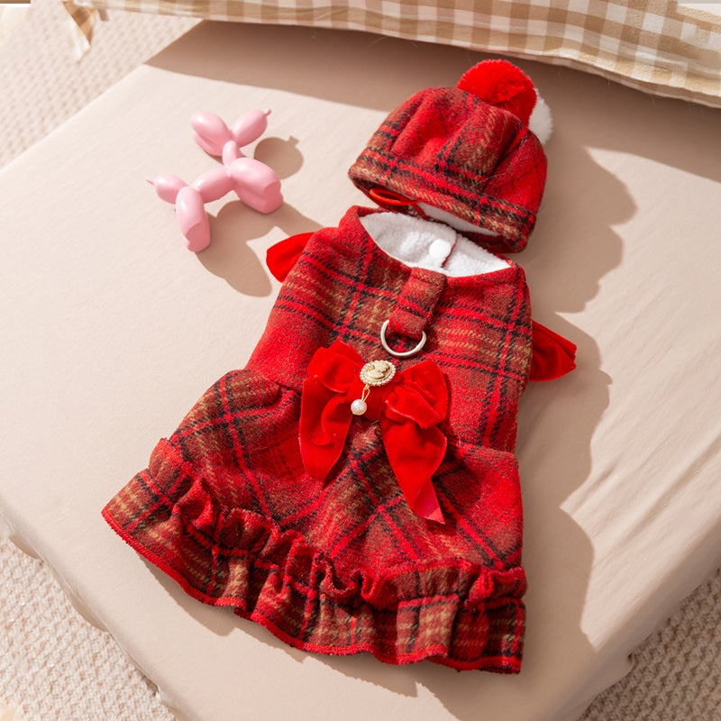 KFX-9595069 Cozy Wool Lined Dog Dress with Plush Bow and Knitted Cap for Autumn and Winter