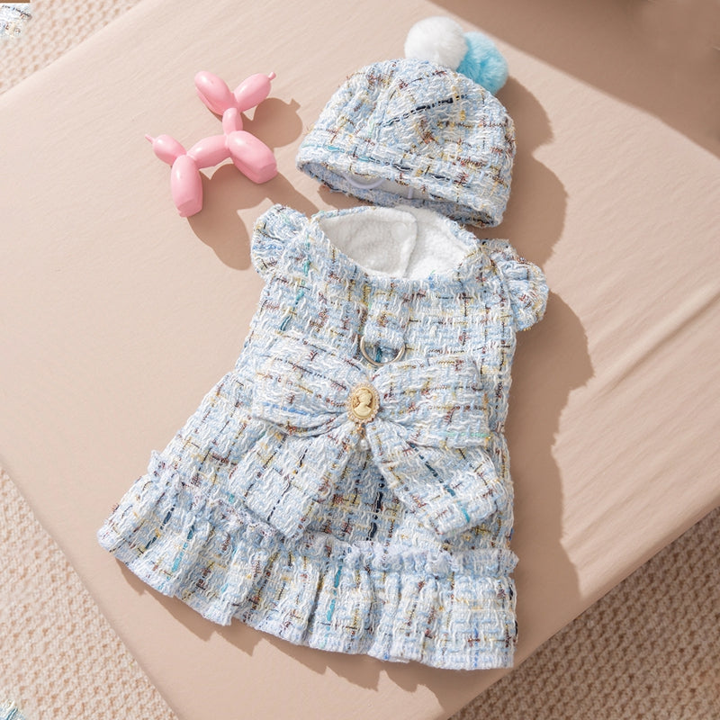 KFX-9595069 Cozy Wool Lined Dog Dress with Plush Bow and Knitted Cap for Autumn and Winter