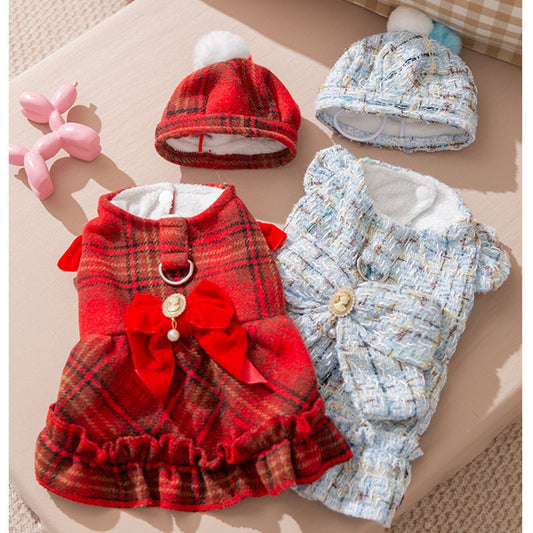KFX-9595069 Cozy Wool Lined Dog Dress with Plush Bow and Knitted Cap for Autumn and Winter