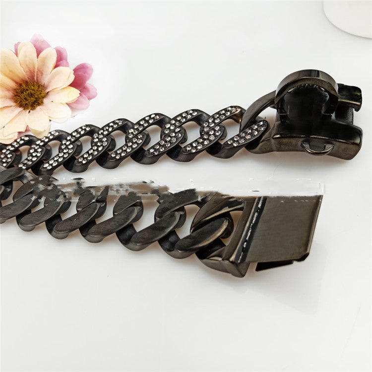 KFX-9598269 Stainless Steel Dog Collar with Black and White Diamond Accents